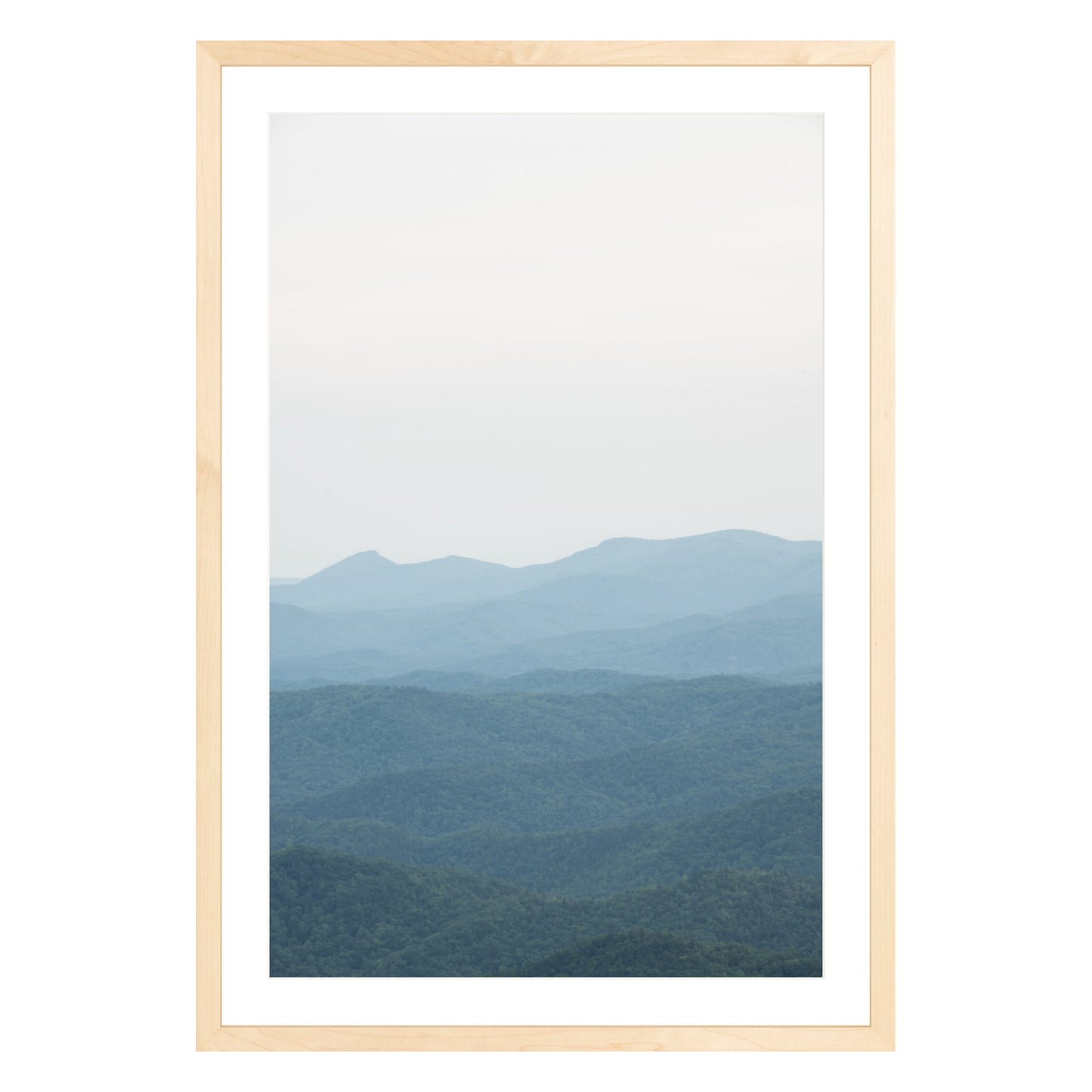 Photograph of Blue Ridge Mountains in North Carolina framed in natural wood with white mat