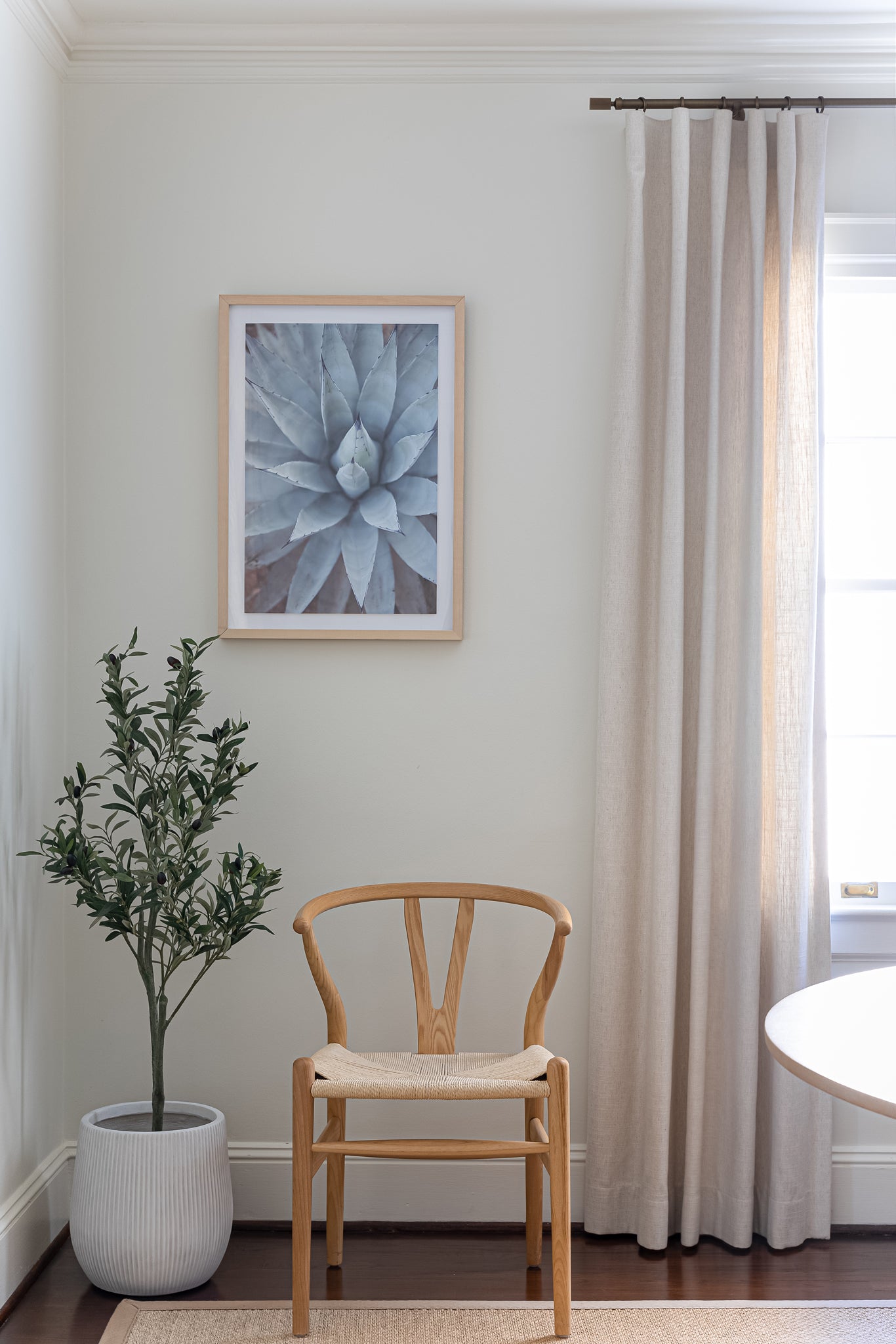 Framed Agave print hanging on wall next to window with plant and chair
