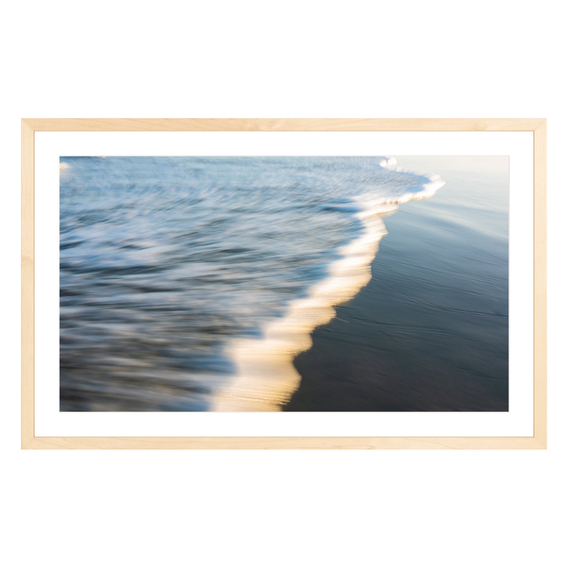 Photograph of wave at Atlantic Ocean framed in natural wood with white mat