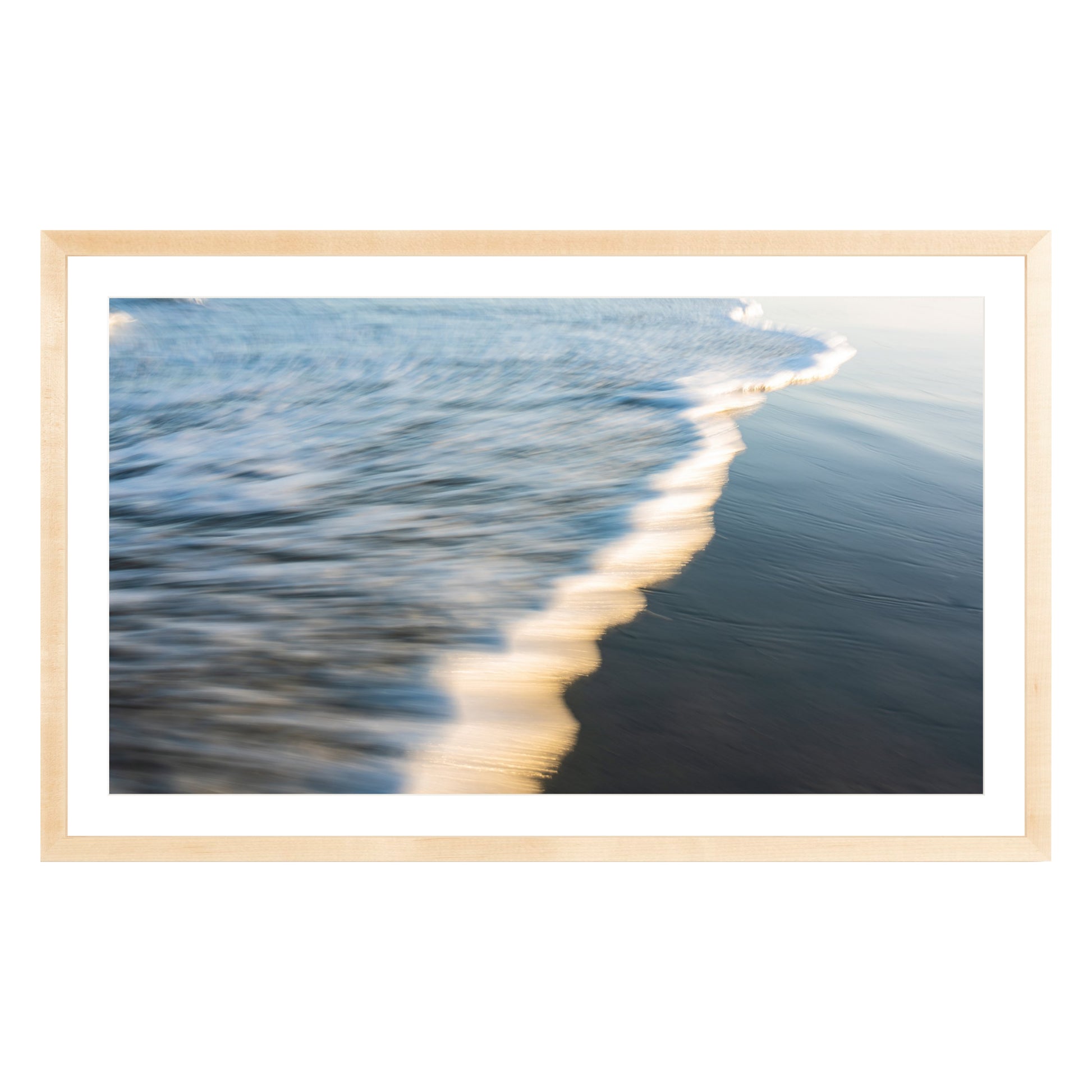 Photograph of wave at Atlantic Ocean framed in natural wood with white mat