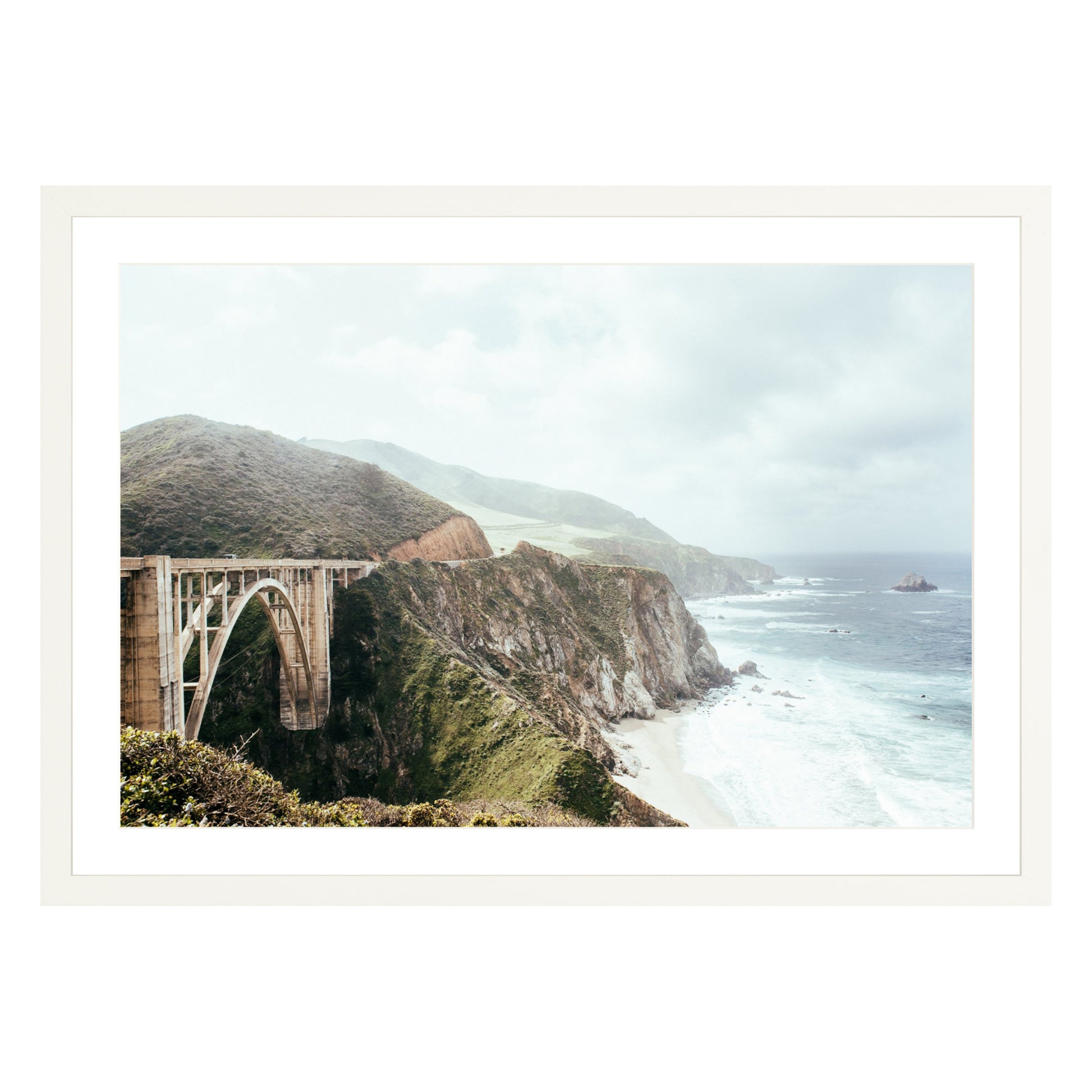 Photograph of Bixby Bridge in Big Sur California framed in white with white mat