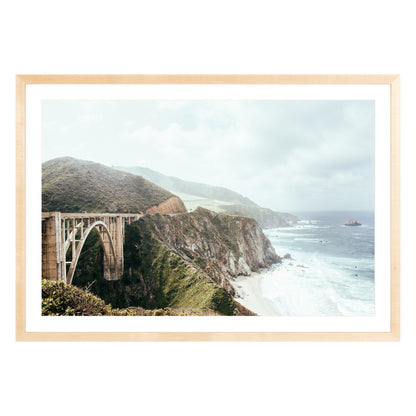 Photograph of Bixby Bridge in Big Sur California framed in natural wood with white mat