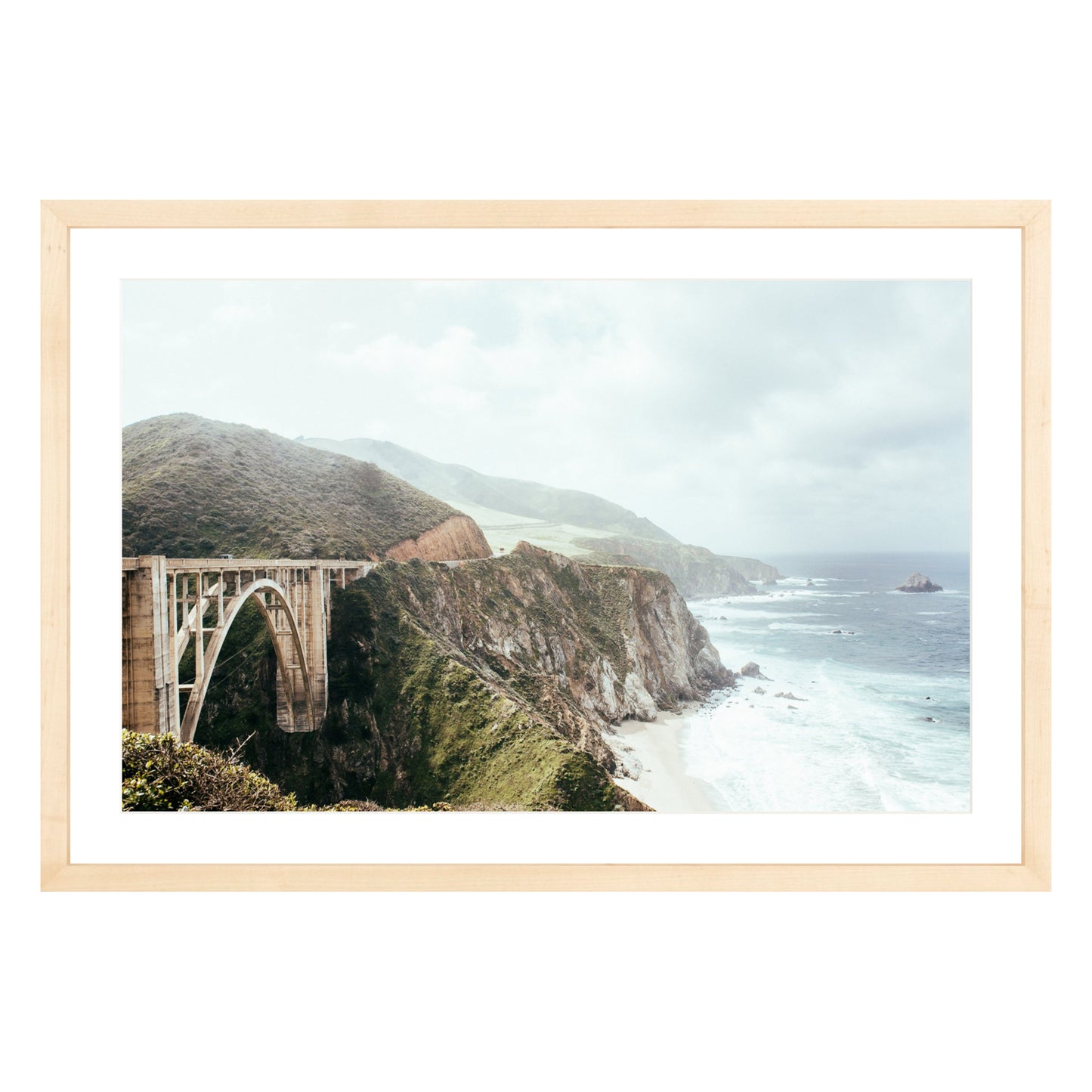 Photograph of Bixby Bridge in Big Sur California framed in natural wood with white mat