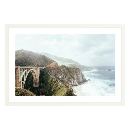 Photograph of Bixby Bridge in Big Sur California framed in white with white mat