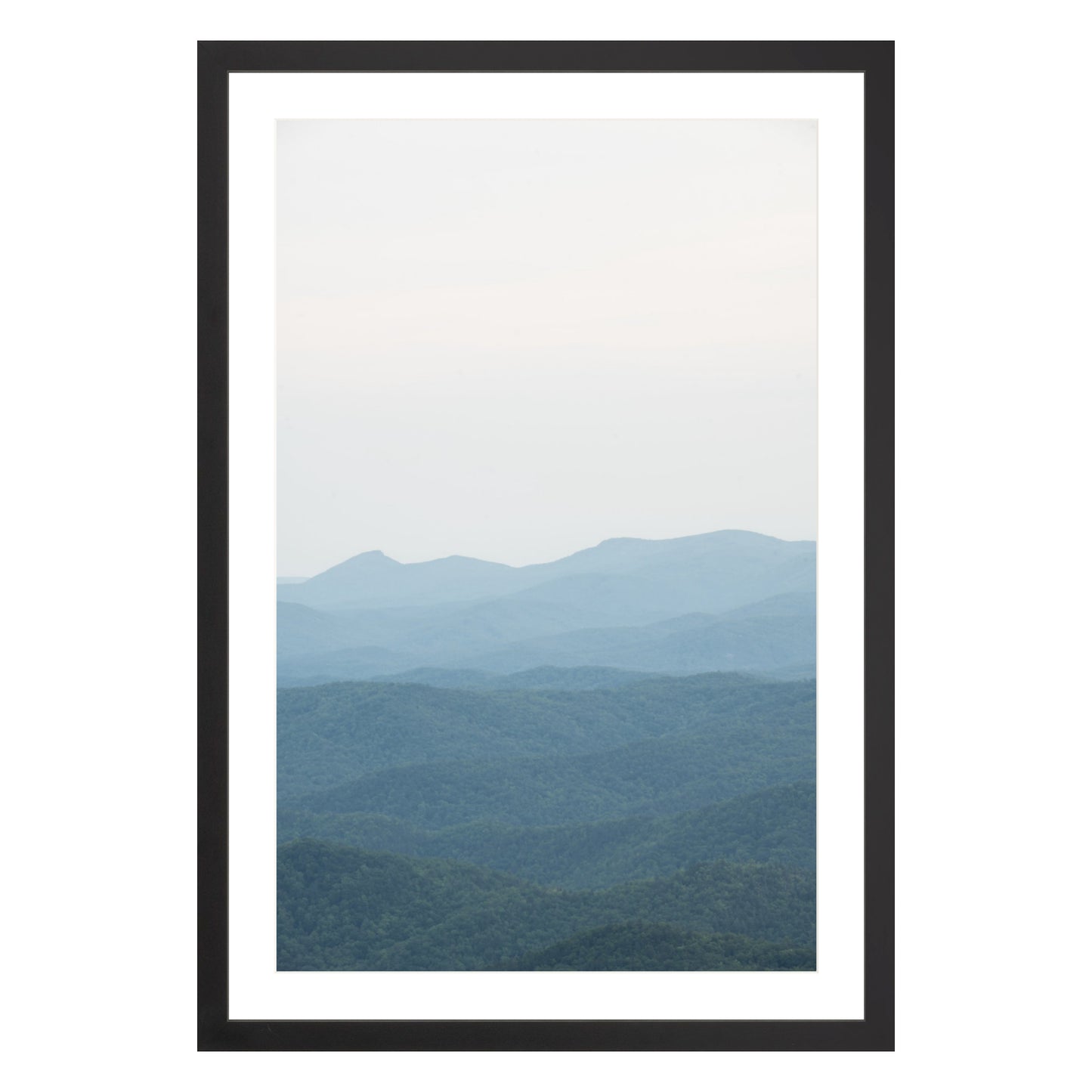 Photograph of Blue Ridge Mountains in North Carolina framed in black with white mat