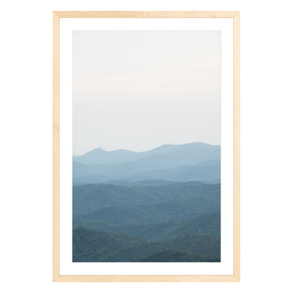 Photograph of Blue Ridge Mountains in North Carolina framed in natural wood with white mat