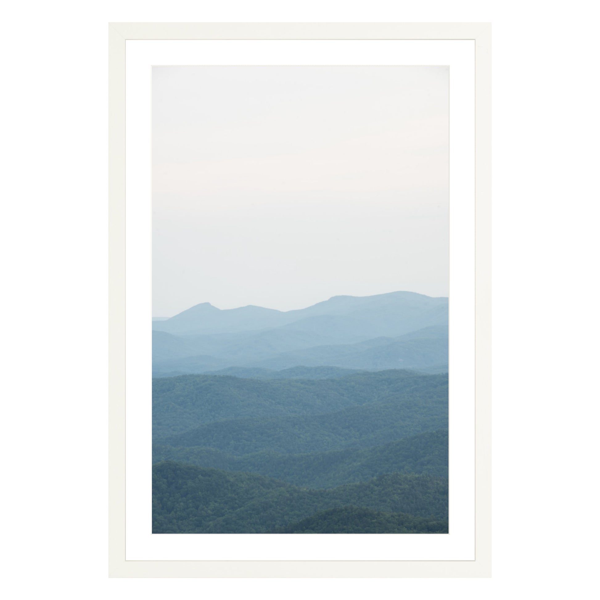 Photograph of Blue Ridge Mountains in North Carolina framed in white with white mat