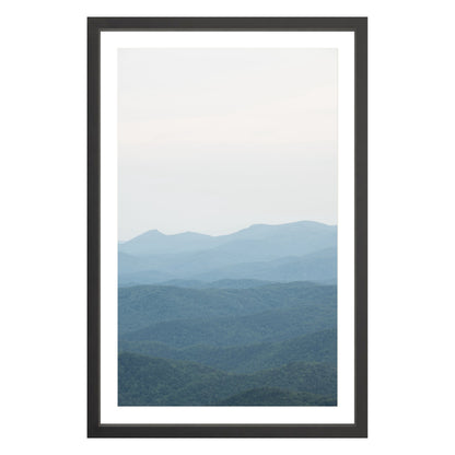 Photograph of Blue Ridge Mountains in North Carolina framed in black with white mat