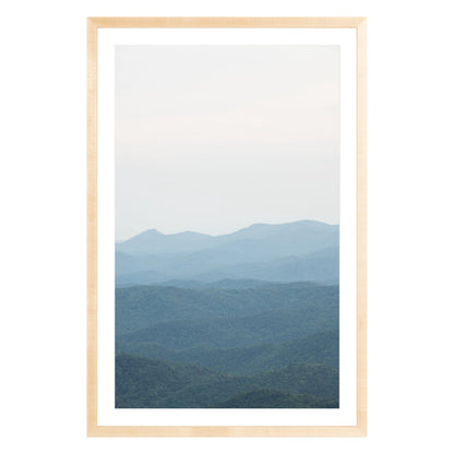 Photograph of Blue Ridge Mountains in North Carolina framed in natural wood with white mat