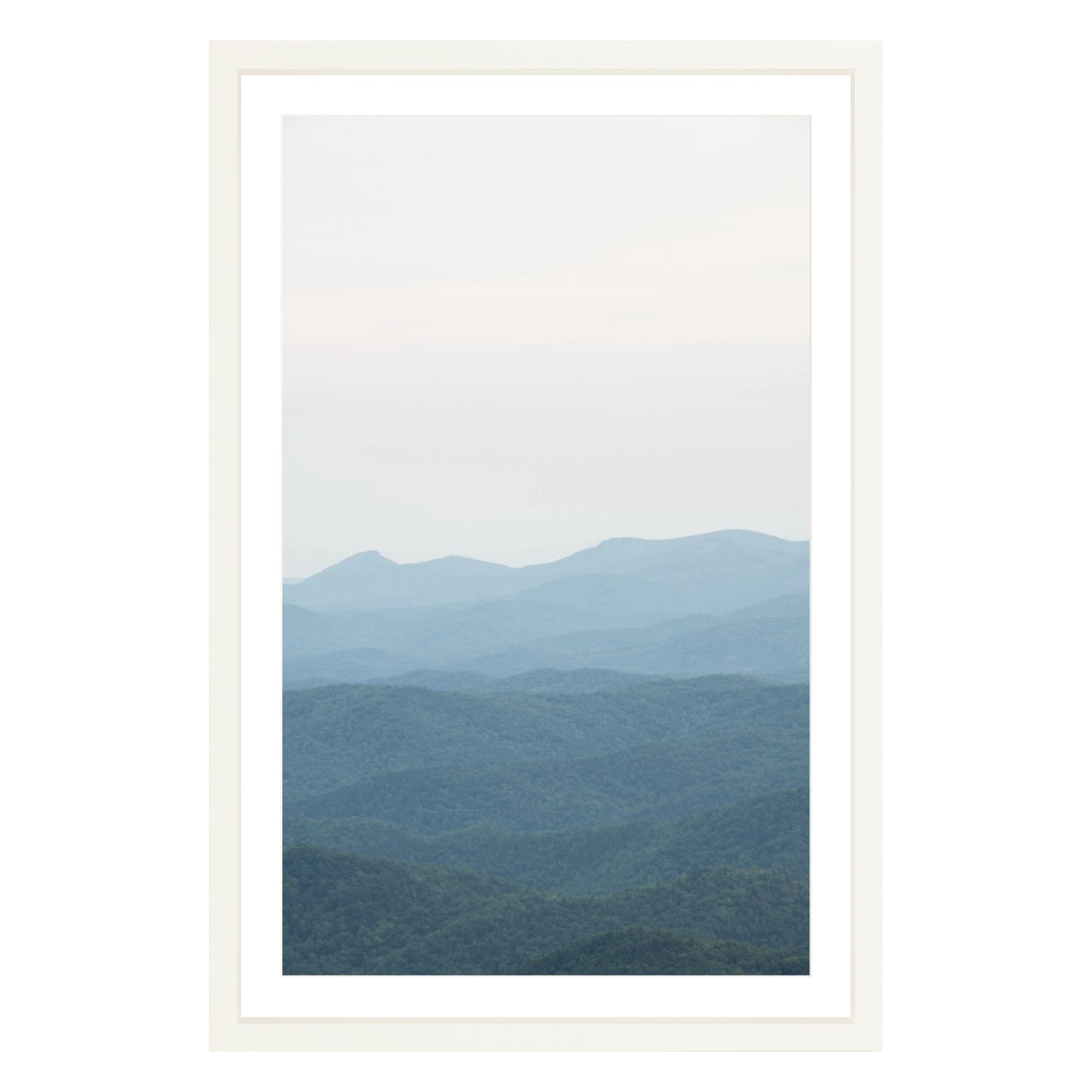 Photograph of Blue Ridge Mountains in North Carolina framed in white with white mat