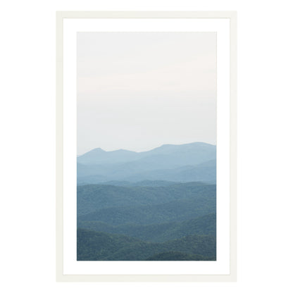 Photograph of Blue Ridge Mountains in North Carolina framed in white with white mat