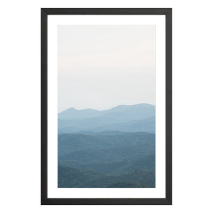 Photograph of Blue Ridge Mountains in North Carolina framed in black with white mat