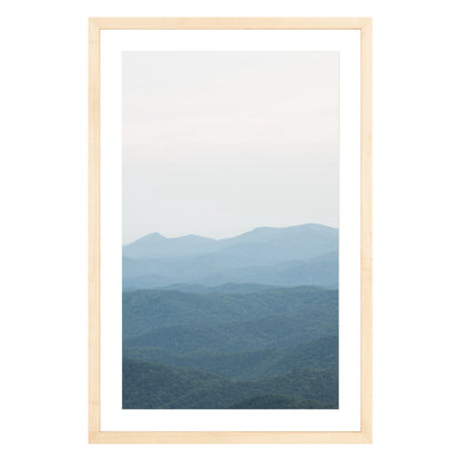 Photograph of Blue Ridge Mountains in North Carolina framed in natural wood with white mat