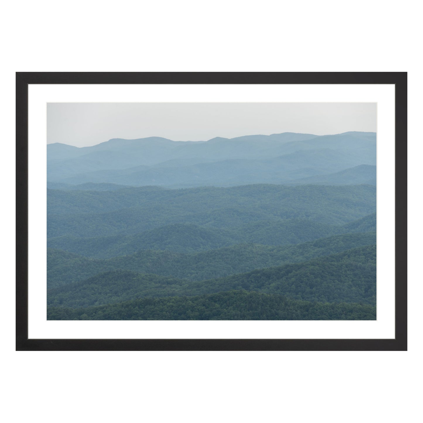 Photograph of mountains in North Carolina framed in black with white mat