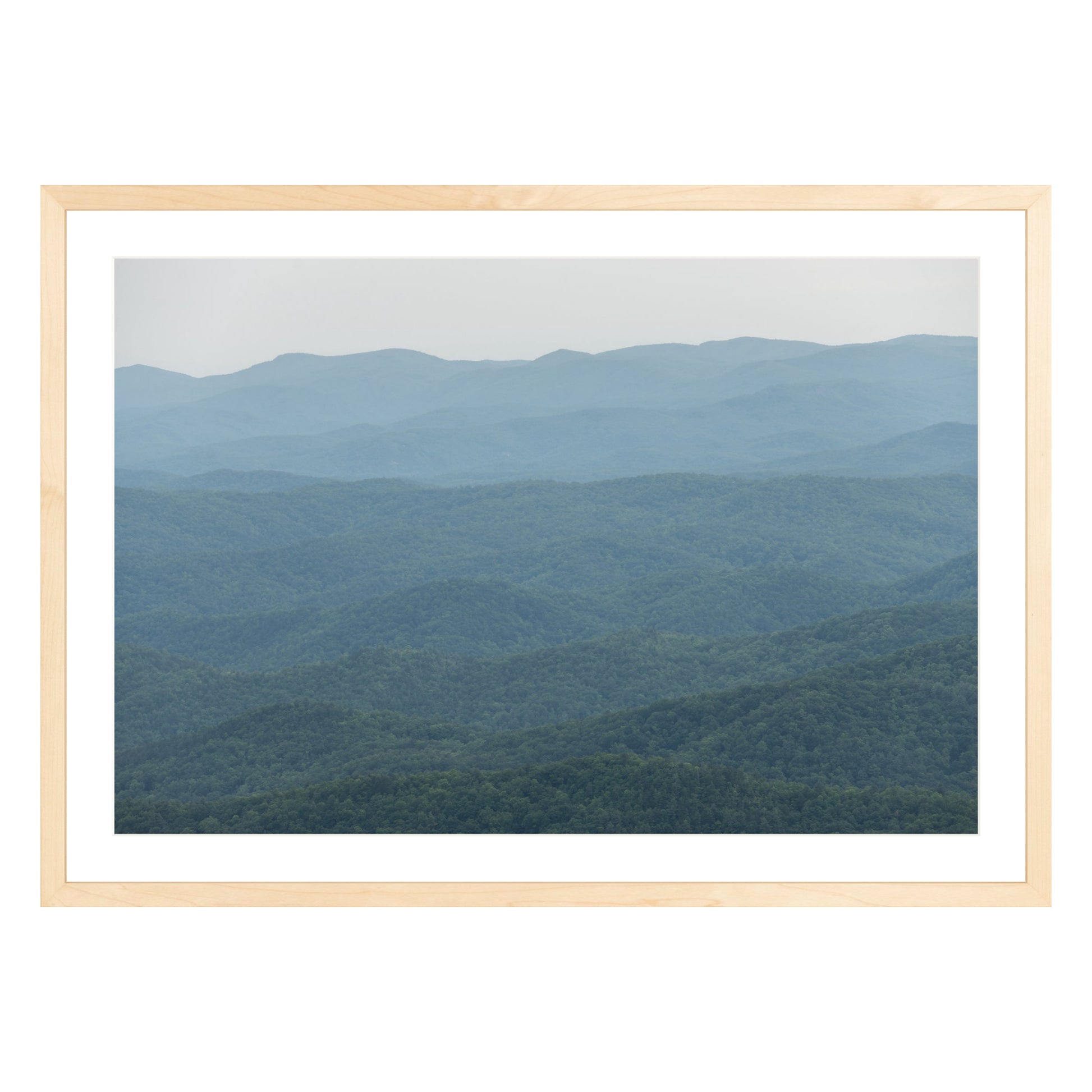 Photograph of mountains in North Carolina framed in natural wood with white mat