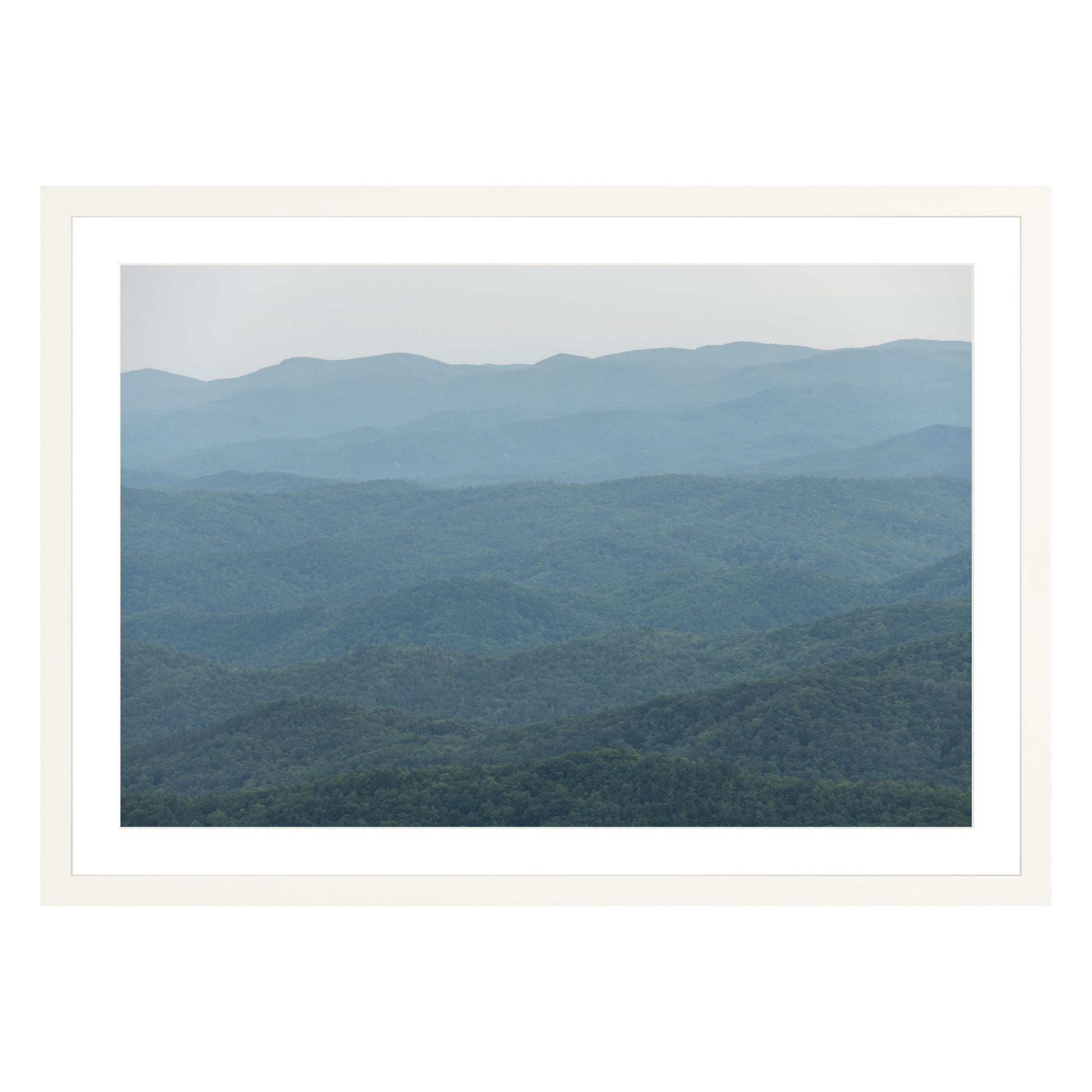 Photograph of mountains in North Carolina framed in white with white mat