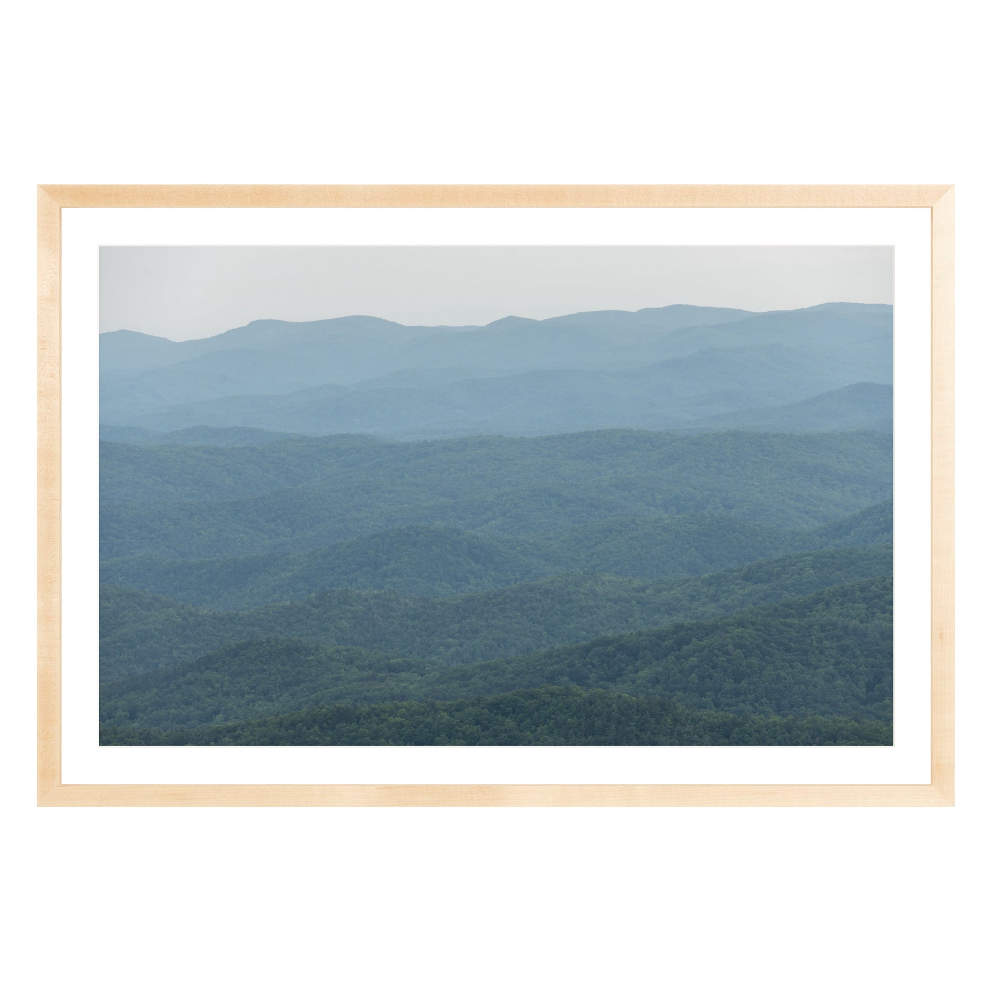 Photograph of mountains in North Carolina framed in natural wood with white mat