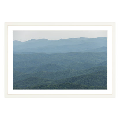 Photograph of mountains in North Carolina framed in white with white mat