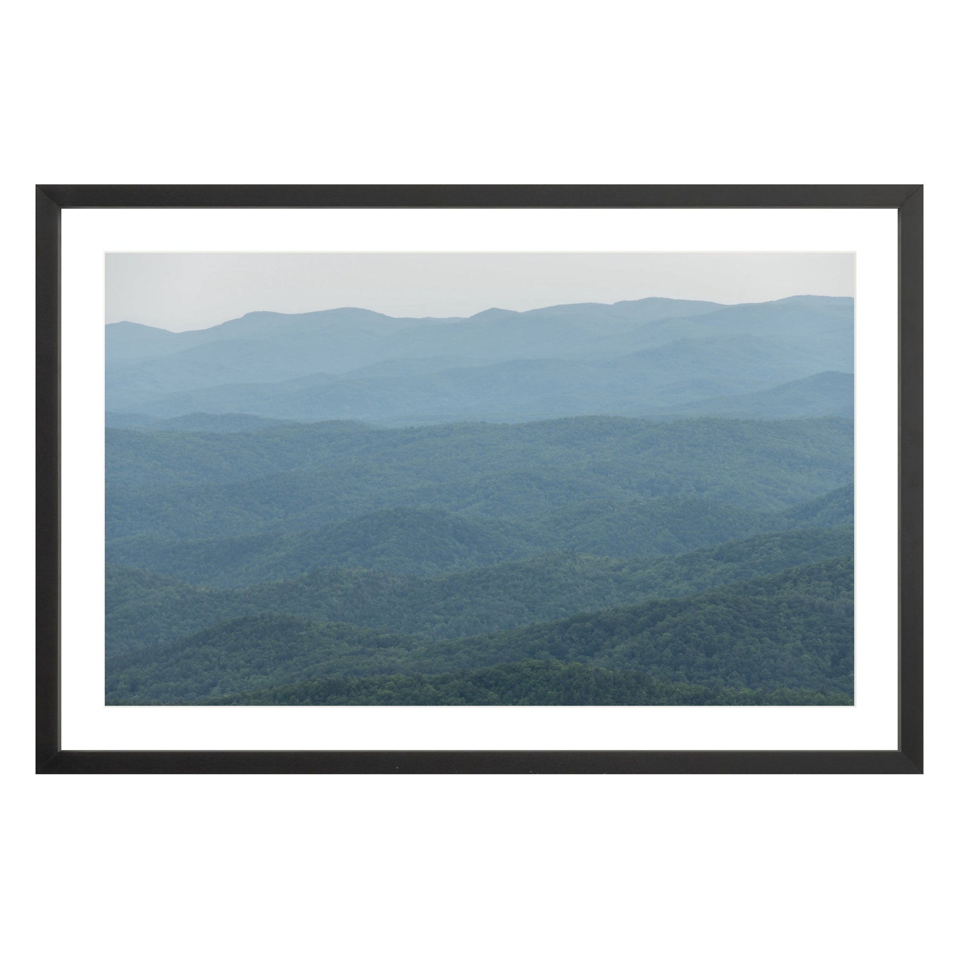 Photograph of mountains in North Carolina framed in black with white mat