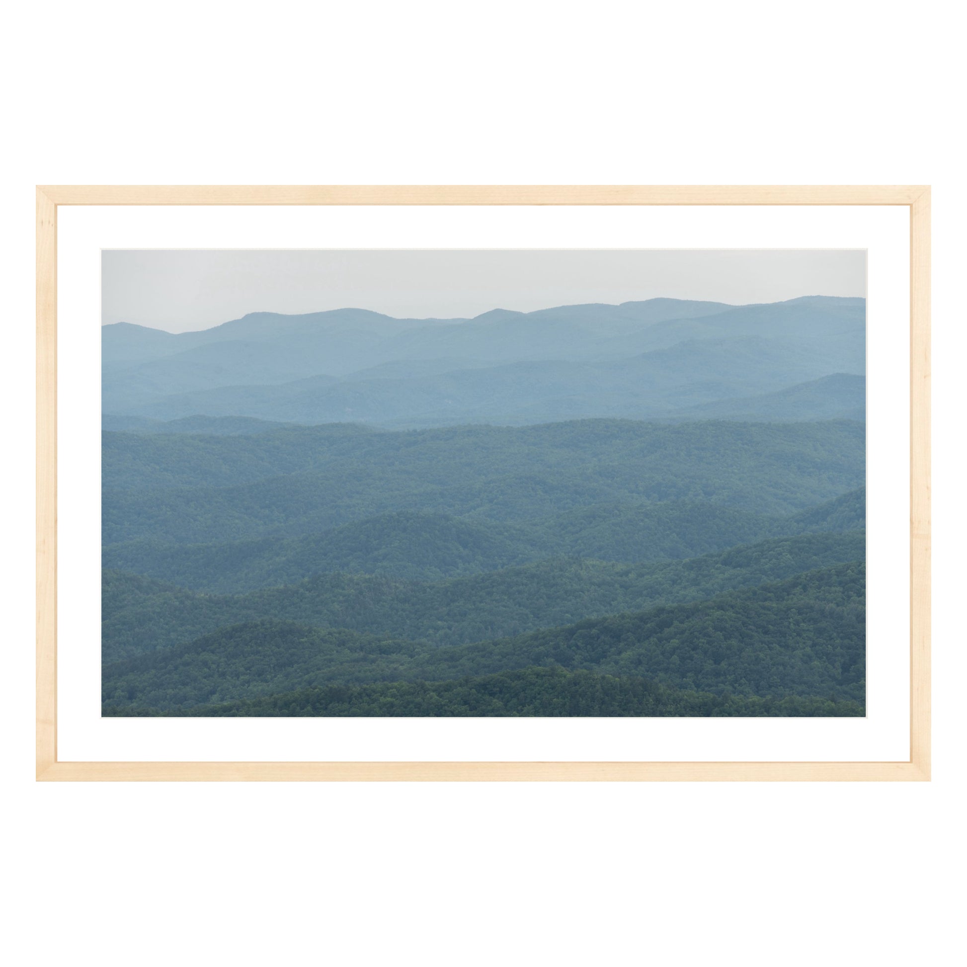 Photograph of mountains in North Carolina framed in natural wood with white mat