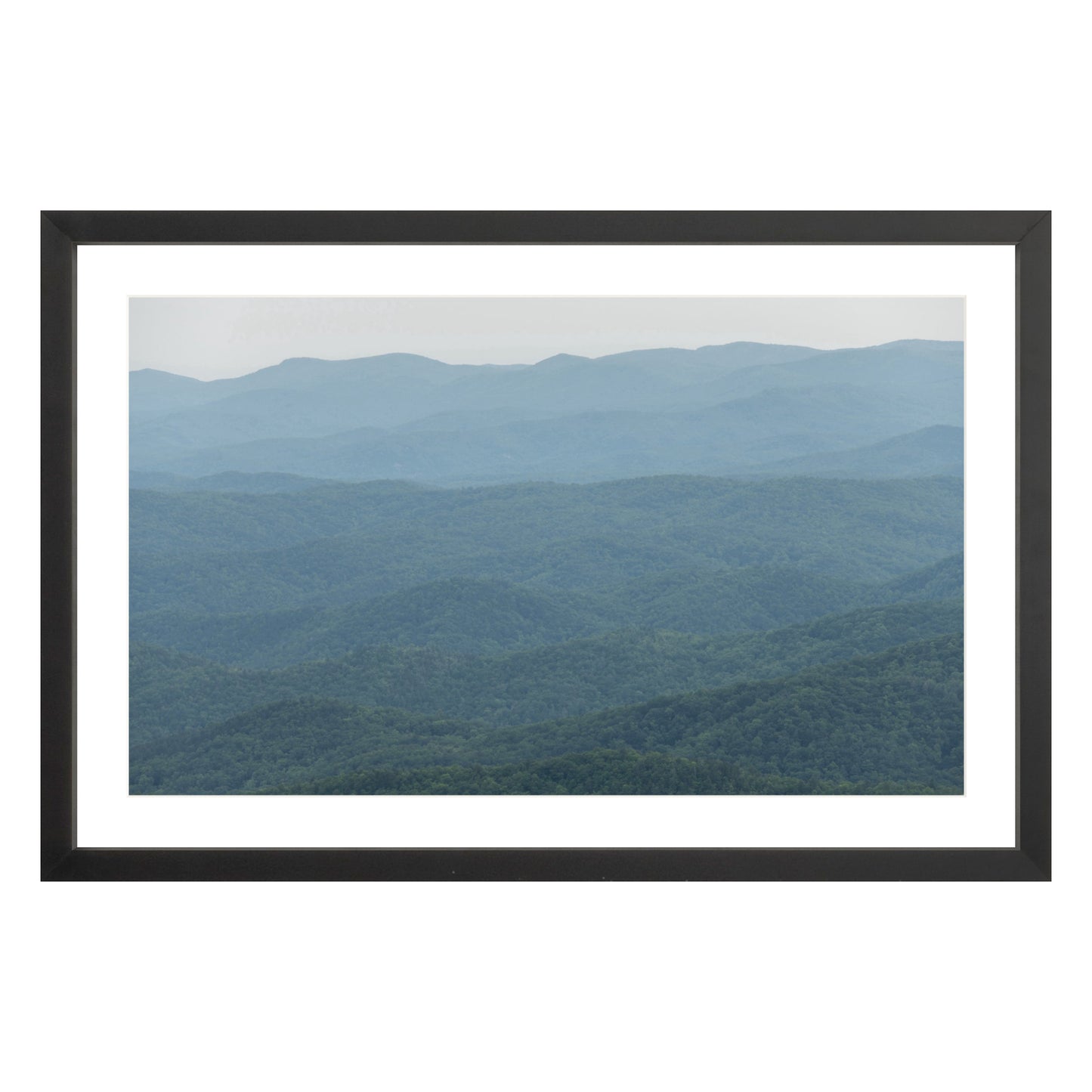 Photograph of mountains in North Carolina framed in black with white mat