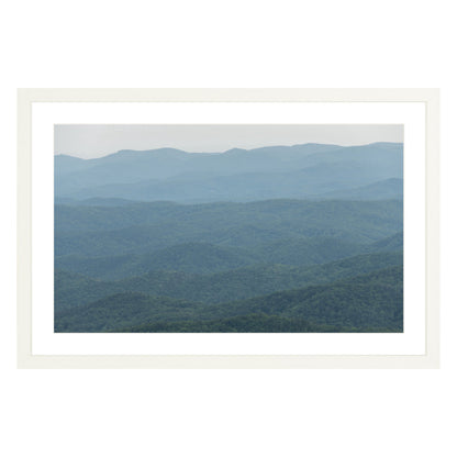 Photograph of mountains in North Carolina framed in white with white mat