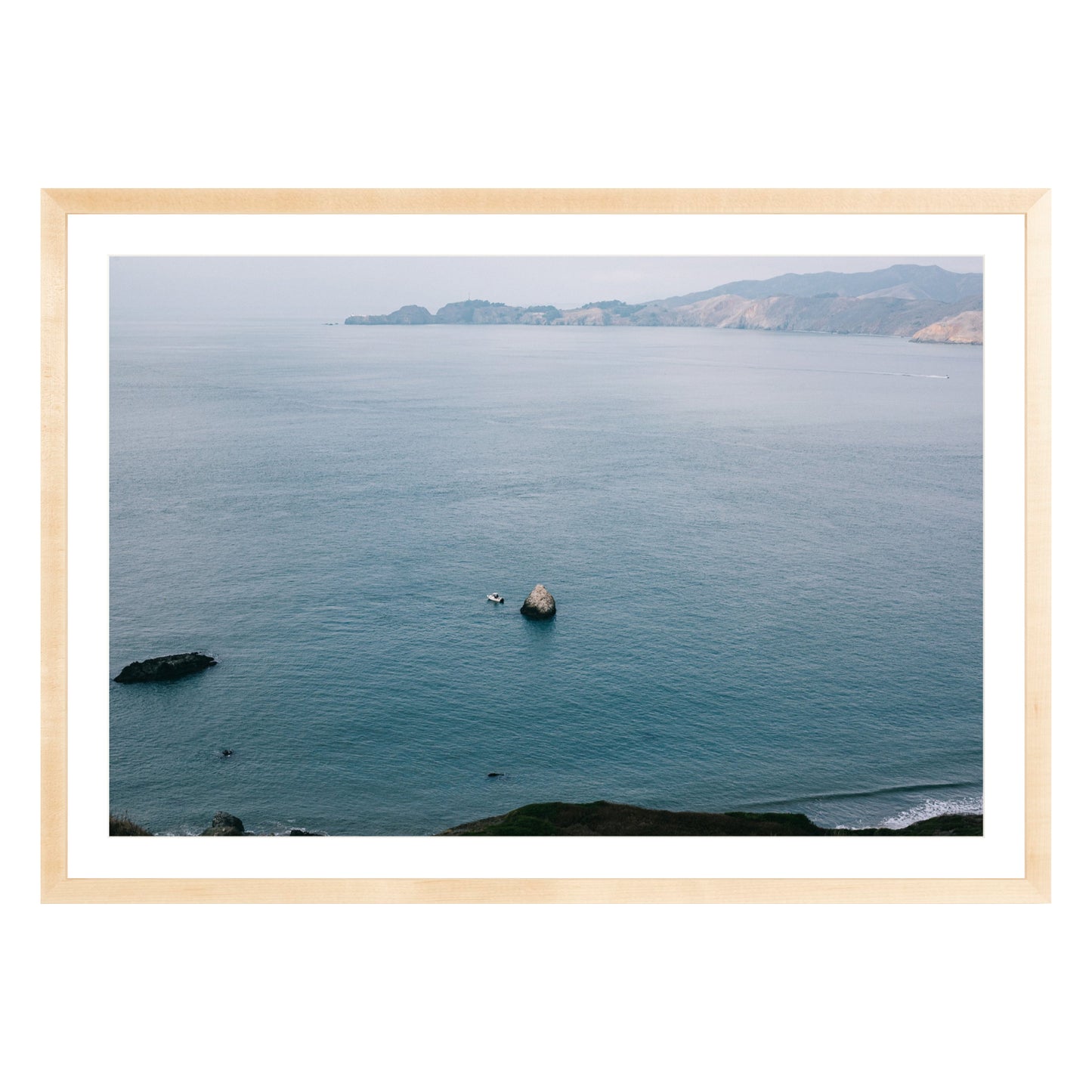 Photograph of San Francisco Bay in natural wood frame with white mat