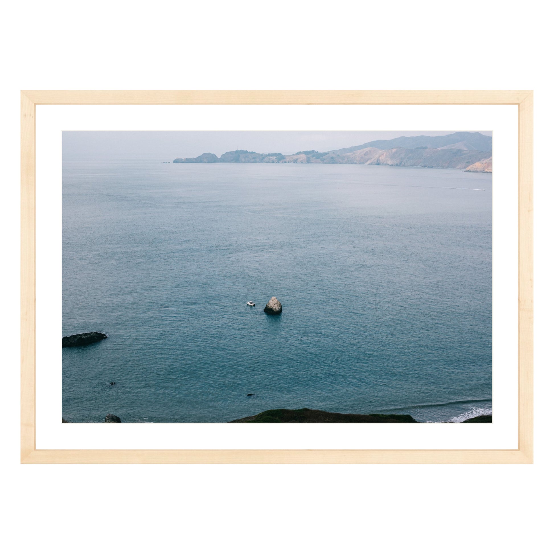 Photograph of San Francisco Bay in natural wood frame with white mat
