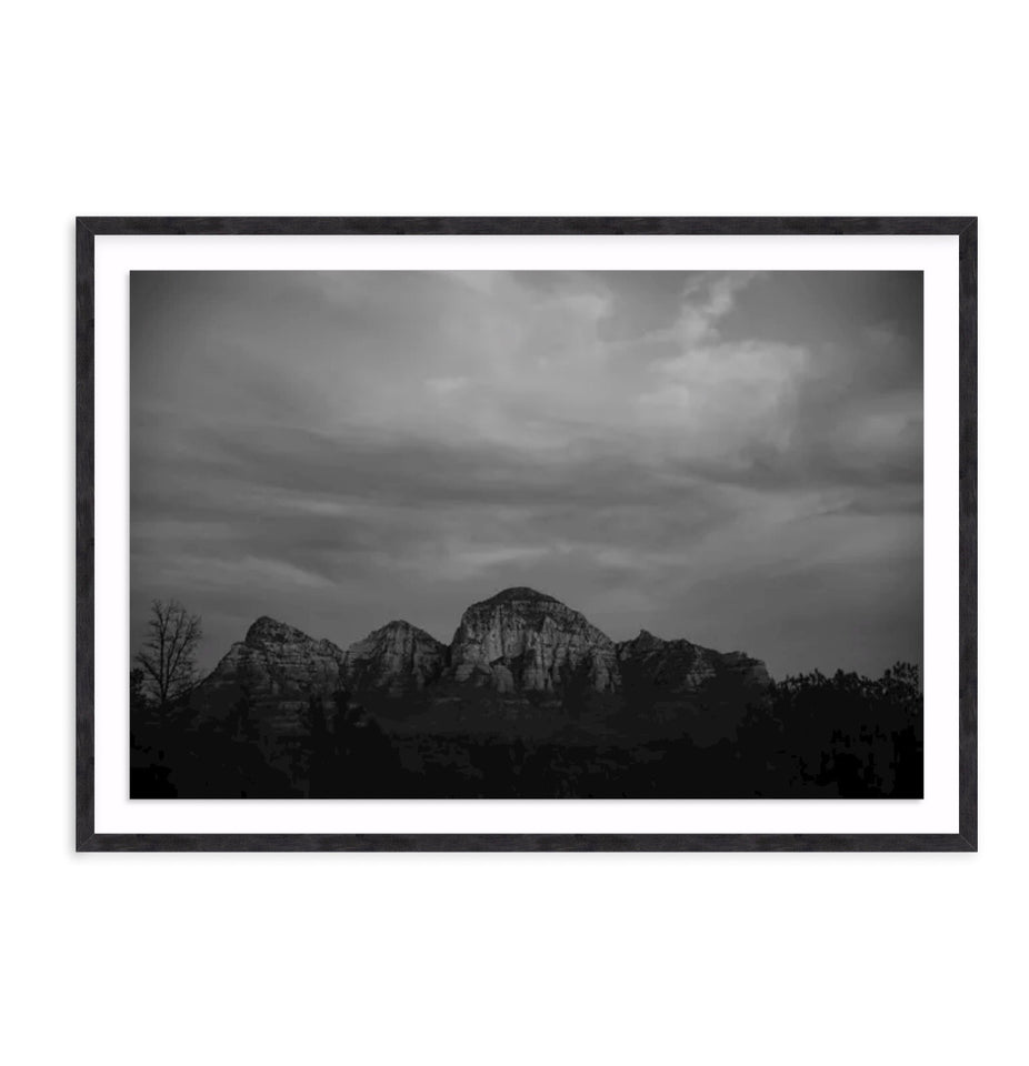 "Sedona Nights" has all the elements of the perfect black and white landscape. Travel print photographer, Amanda Anderson, photographed this moment during sunset in Boynton Canyon of Sedona, Arizona.