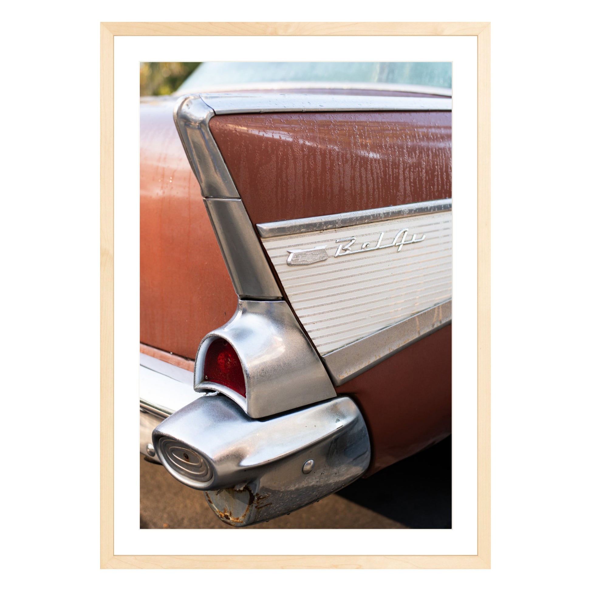 Photograph of vintage Chevy Bel Air in San Francisco in natural wood frame with white mat