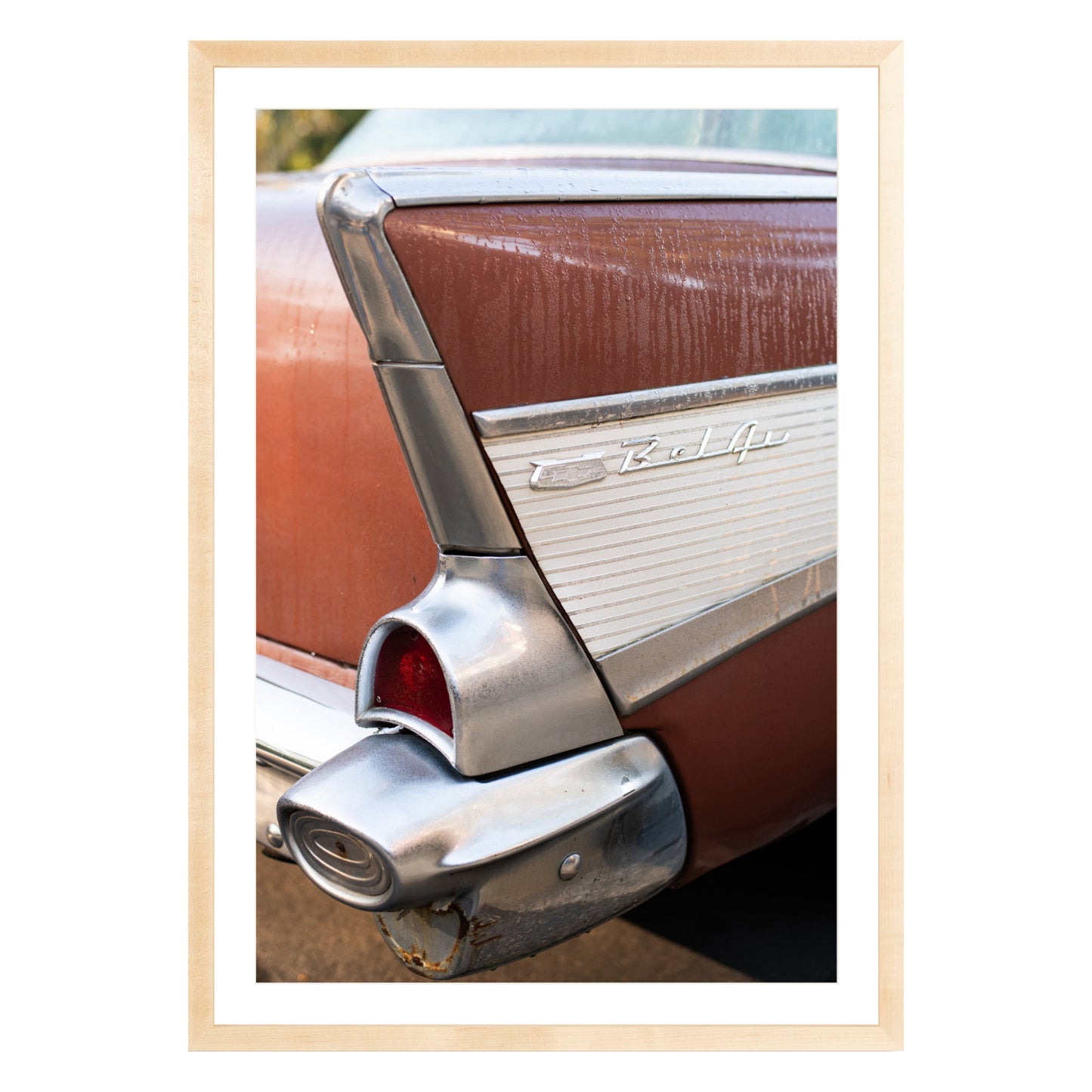 Photograph of vintage Chevy Bel Air in San Francisco in natural wood frame with white mat